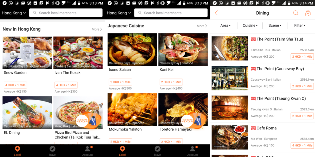 Alt text: A screenshot of a dining app showing various restaurant options in Hong Kong. The screen is divided into sections: "New in Hong Kong" and "Japanese Cuisine." Each section displays images of dishes from different restaurants along with their names, locations, and average prices. The "New in Hong Kong" section includes restaurants like Snow Garden, Ivan The Kozak, EL Dining, and Pizza Bird Pizza and Chicken. The "Japanese Cuisine" section features Isono Suisan, Kani Kei, Mokumoku Yakiton, and Toretore Hamayaki. On the right side, there are listings for "The Point" in different locations and Cafe Roma, with details on distance and average prices. The top of the screen has search bars and location settings, while the bottom has navigation icons for Local, Travel, Account, and More.