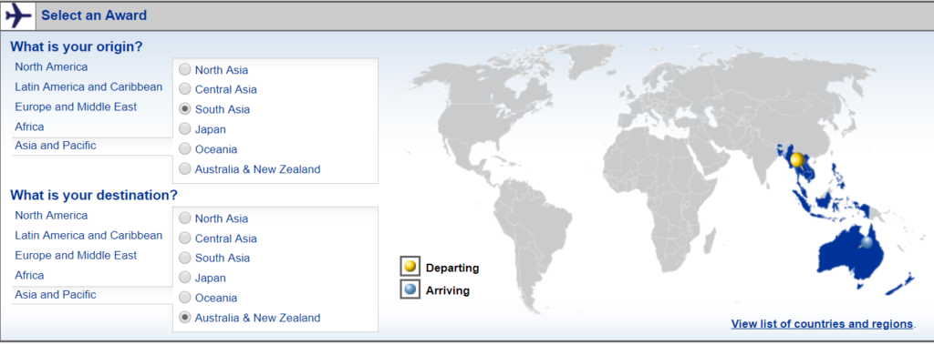 Alt text: A webpage interface for selecting an award flight. The page has two sections: "What is your origin?" and "What is your destination?" Each section lists regions including North America, Latin America and Caribbean, Europe and Middle East, Africa, Asia and Pacific, North Asia, Central Asia, South Asia, Japan, Oceania, and Australia & New Zealand. A world map on the right highlights regions in yellow for departing and blue for arriving. There is a link at the bottom right that says "View list of countries and regions."